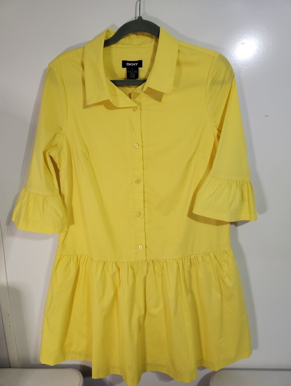 DKNY Bright Yellow Button-Down Ruffle Hem Mini Dress Size 10